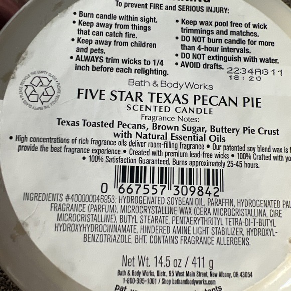NEW‎ BATH & BODY WORKS FIVE STAR TEXAS PECAN PIE CANDLE-14.5 OZ - Picture 3 of 3